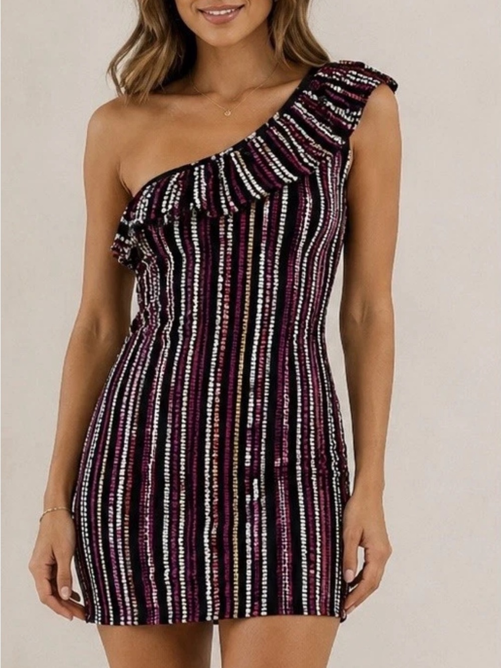 Emily Wonder One-Shoulder Ruffle Mini Dress Pink Yellow Black Stripe Size M. NWT
